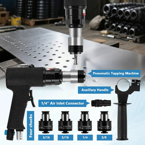 Heavy Duty Pneumatic Tapping Machine With Four Pieces Ansi Collets For Precision Internal Threading On Workpieces with air inlet connector and chucks.