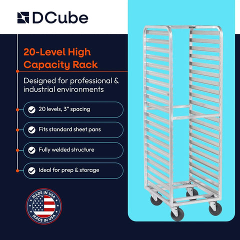 Hardcore Aluminum Bakery Rack That Cradles Twenty Sheet Pans With Roomy Three Inch Spacing And Bulletproof Double Welded Frame Plus Grease Proof Swivel Casters For High Volume Commercial Kitchens, designed for 20 sheet pans.