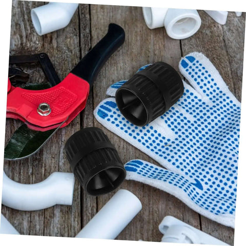 2 Piece Tube Cutter Set With Inner And Outer Reamer Deburring Tool for Copper Pipes and Plumbing Fittings, shown with gloves and fittings