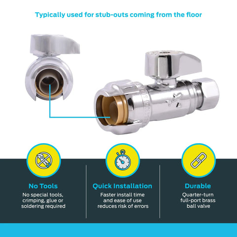 Brass Push Straight Stop Valve One Half Inch By Three Eighths Inch Compression Quarter Turn Push To Connect Plumbing Fitting close-up