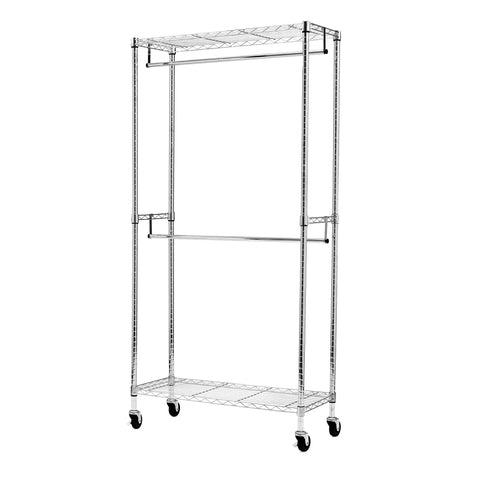 Heavy Duty Chrome Rolling Clothes Rack With Double Hanging Rods And Adjustable Swing Arms Super Roomy Closet Organizer on wheels.