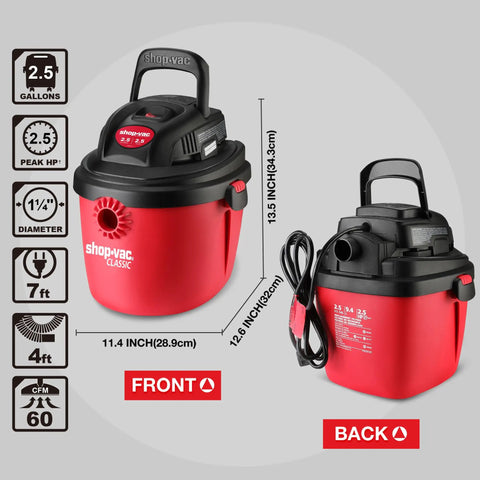 Front and back view of 2.5 Gallon 2.5 Peak HP Wet Dry Vacuum Portable Compact Shop Vacuum with collapsible handle and wall bracket.