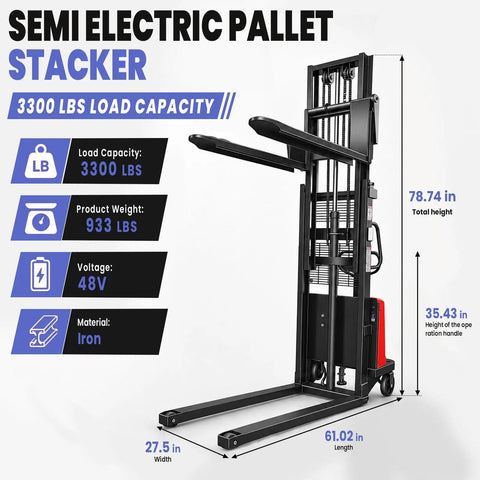 Serious 3300 Lb Warehouse Pallet Stacker With 95 Inch Lift Height, Powerful 1.6KW Motor And Smooth Walkie Operation For Busy Forklift Jobs details showing dimensions and specifications.