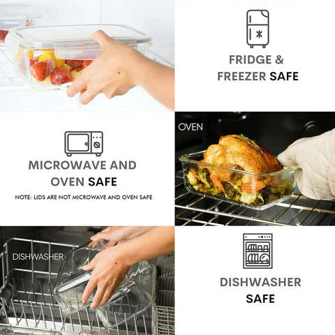 Large 63 Oz Glass Storage Set With Locking Lids, microwave oven freezer safe, showing use with food, dishwasher safe, 4 Pack