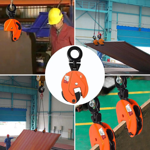 Heavy Duty Vertical Plate Lifting Clamp Built Like A Tank For Serious Sheet Metal Work Featuring A Badass Carbon Steel Jaw in action lifting steel plate.