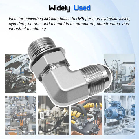 Elbow Hydraulic Adapter One Quarter Inch Male JIC 37 Degree To Three Eighths Inch Male SAE ORB O Ring Boss 90 Degree Fitting JIC To ORB Converter Two Pack For Hydraulic Lines And Piping Built To Last For Tough Jobs. 90° hydraulic elbow fitting used in industrial machinery