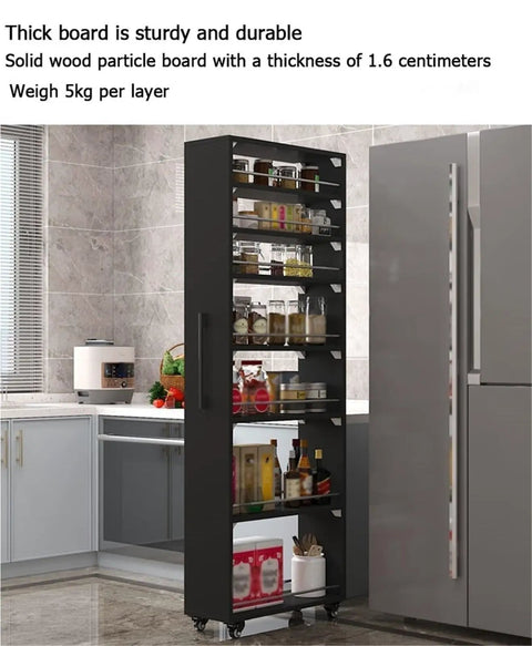 Seven Tier Narrow Rolling Cart With Slick Casters Fits Snug In Tight Kitchen Corners Hella Sturdy Slim Storage Rack With Sure Grip Handle And Bold Red Finish For Cooking Essentials in kitchen, showcasing various organized food items.