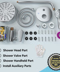 9 Inch Wall Mounted Rain Shower System With 10 Settings Shower Head High Pressure Water Saver Includes Handheld Sprayer And Valve Brushed Gold Finish For Spa Like Home Shower components displayed on a table.
