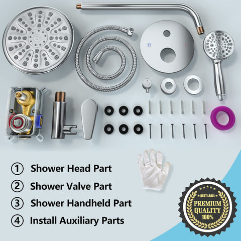 9 Inch Wall Mounted Rain Shower System With 10 Settings Shower Head High Pressure Water Saver Includes Handheld Sprayer And Valve Brushed Gold Finish For Spa Like Home Shower components displayed on a table.