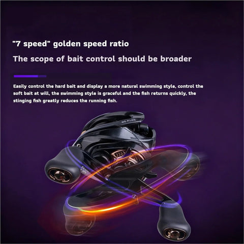 Right-hand fishing reel in black, angled front view with dual brake system and twin handles
