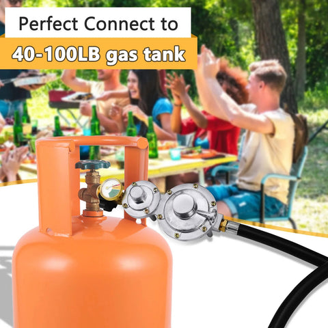 Two-stage propane regulator with hose and gauge connected to a gas tank, perfect for grills and fire pits.