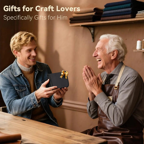 A young man gives a gift to an older man in a workshop setting, surrounded by leather and fabric materials.