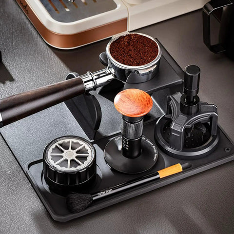 53mm Espresso Tamper Station With Spring Loaded Tamper And WDT Tool For Flawless Pulls with portafilter and accessories.