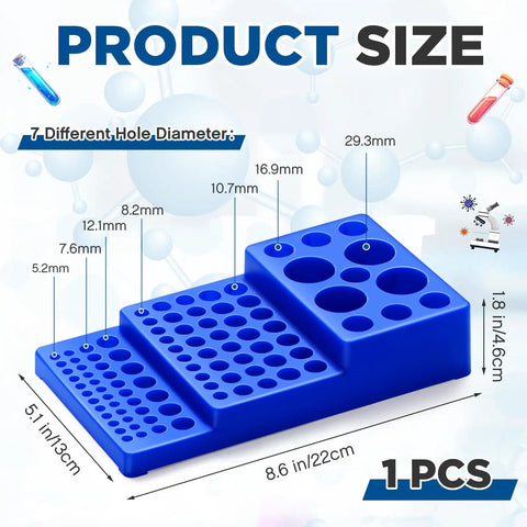 Dimensions and hole diameters of multifunctional test tube vial rack tray for 0.2ml to 50ml tubes in blue, stackable trapezoidal holder.