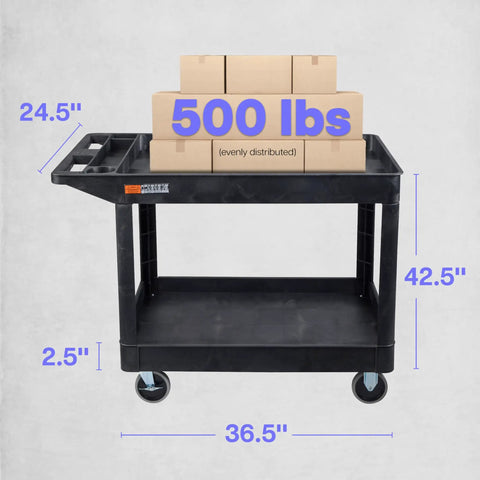 Extra Large Two Shelf Utility Cart With Heavy Duty Wheels 500 Pounds Capacity Rolling Tool Cart For Warehouses Industrial Settings Auto Garages And More Black 45.5 X 24.5 Inches with boxes on top