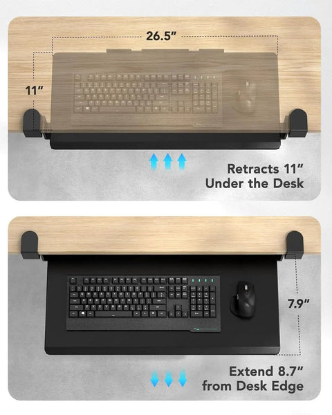 Top view of Under Desk Keyboard Tray With C Clamp Mount, 26.5 Inch Wide Sliding Keyboard And Mouse Tray for Home Office, showing dimensions.