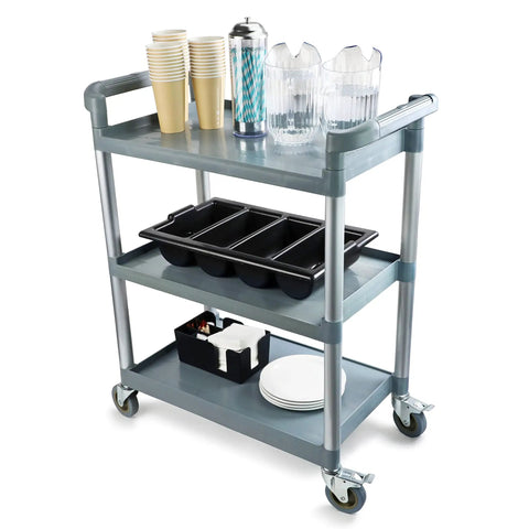 Top Notch Heavy Duty 3 Tier Plastic Utility Rolling Cart That Handles Loads Like A Champ With Secure Locking Casters And 250 Lb Capacity For Busy Kitchens Gray with cups, pitchers, and storage bins