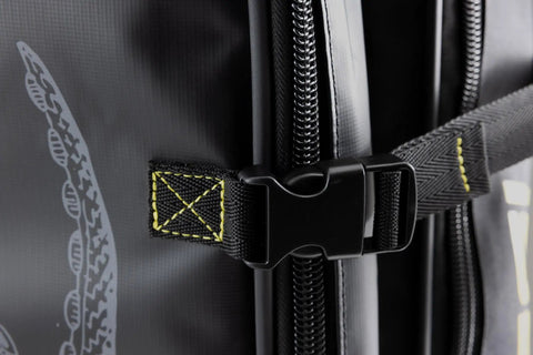Close-up of the buckle and zipper on Piovra Dry Dry Backpack For Freediving And Spearfishing Gear With Water-Repellent Material, 90 L Capacity