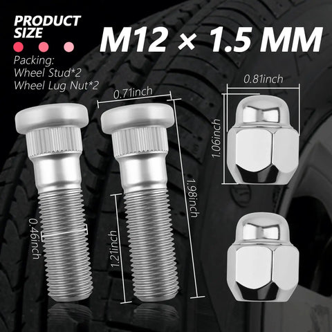 Two Sets Wheel Studs And Lug Nuts Replacement Kit M12x1.5 For Hyundai And Kia Cars, shown with measurements.