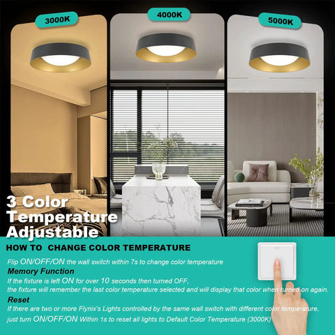 Ultra Bright LED Flush Mount Ceiling Light 26W 1800 Lumens Dimmable with 3 Color Temperatures shown in different rooms