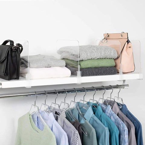 Clear Acrylic Shelf Dividers For Closets, Purse And Sweater Organizer, Flexible 4 Pack Adjustable, separating folded sweaters and purses.