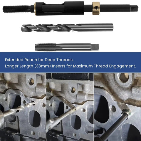 M11 X 1.5 Metric Head Bolt Thread Repair Kit For Stripped Cylinder Head Threads with drill and taps for deep thread engagement.