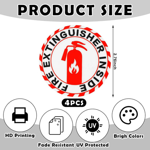 Glow In The Dark Fire Extinguisher Sign Labels 4 Pack 2.76 Inch Self Adhesive Waterproof Stickers showing product size and features.