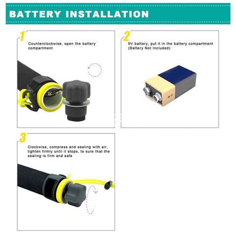 Battery installation steps for Waterproof Handheld Pulse Induction Metal Detector With Pinpointer Probe and IP68 rating.