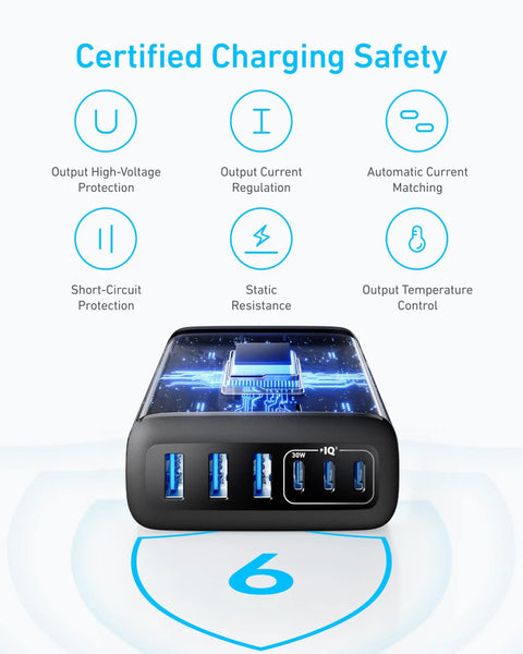 Six Port USB C Fast Charger Dock With 112W Max showing certified charging safety features, black color, front view.