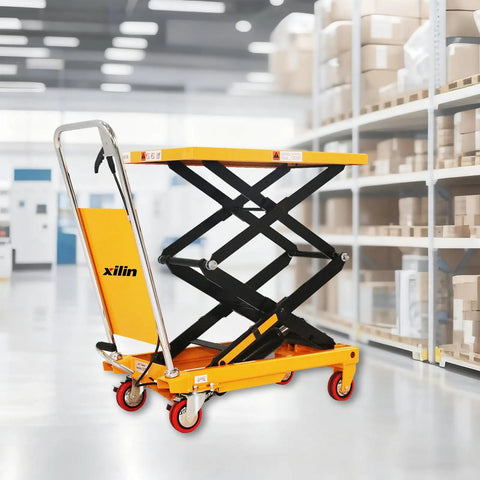 Heavy Duty Manual Scissor Lift Cart With Solid Hydraulic Base For Smooth Job Site Hustle And Garage Transport Easy Foot Pedal Operation Handles Three Hundred Thirty Pounds Like A Champ. Yellow scissor lift cart in a warehouse environment.