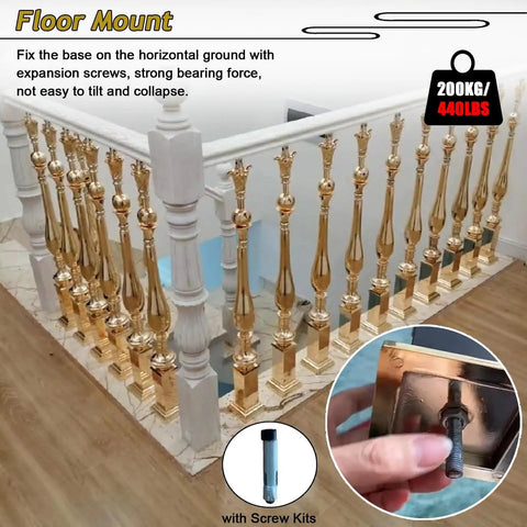 Reliable Adjustable Stair Railing Columns Built Tough For Home Upgrades Featuring A Straight Forward Install, floor mount with gold spindles.
