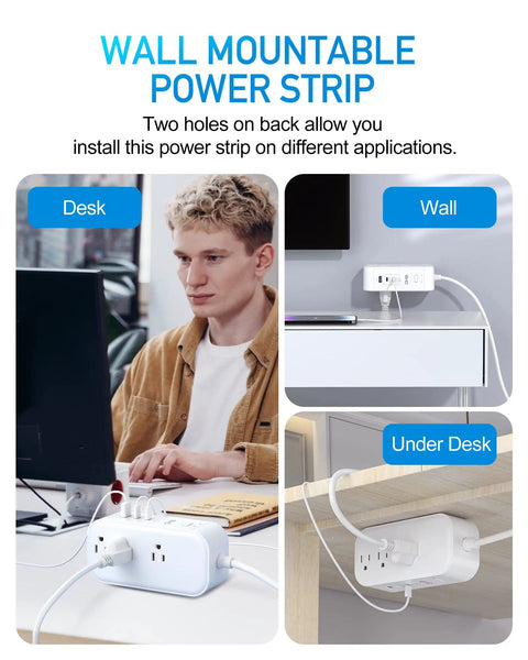 10FT Surge Protector Power Strip With 65W USB C PD shown mounted on desk, wall, and under desk with cables connected.