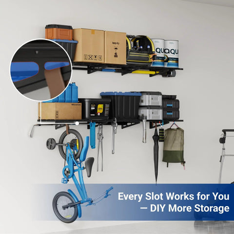 Two Pack 1x6 Foot Wall Mounted Floating Shelves Black For Garage Storage Pantry Or Kitchen Easy Stud Mount Classic Series 12x72 Inches Each Shelf Made From Two 1x3 Foot Panels showcasing organized garage items.
