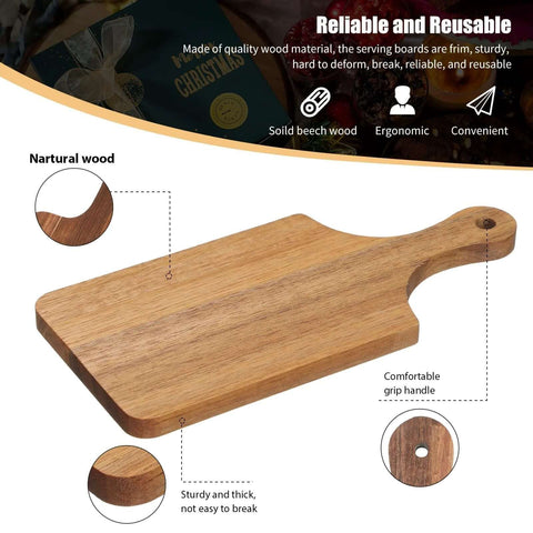 Front view of acacia cutting board with handle; thick, sturdy wooden chopping and serving board