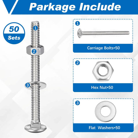 Stainless Steel Carriage Bolt Kit 50 Sets One Quarter Twenty Thread Three Inch Round Head Square Neck Bolts With 50 Hex Nuts And 50 Flat Washers For DIY Furniture Decks Outdoor Projects And Quick Fastening product diagram