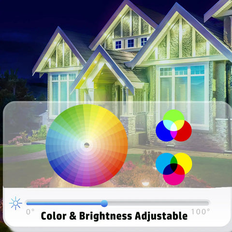 Portable RGB LED Flood Lights Set With IP66 Waterproof Build 3600LM Output 400W Equivalent Smart App Remote And Voice Control Lit Uplight Music Sync For Outdoors Camping Parties And Garden Yards with color and brightness adjustment menu.