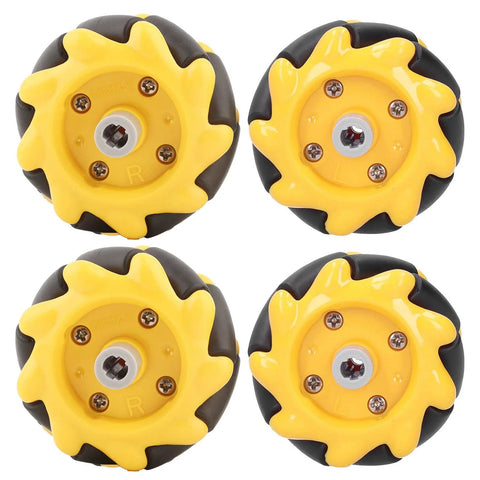 Set of four 48mm yellow omni-directional mecanum robot wheels with black tires.