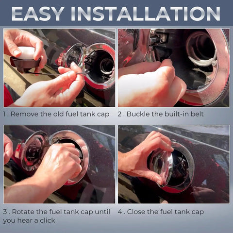 Four-step installation guide for Fuel Cap Replacement Built To Last For 2003 2018 Jeep Wrangler JK TJ Liberty Cherokee and more.