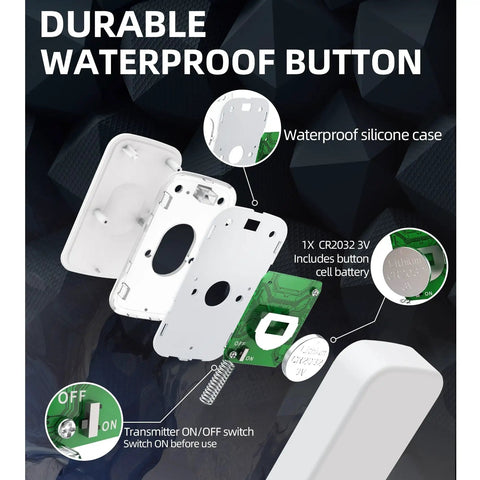 Exploded view of Wireless Doorbell System waterproof button with silicone case and battery, showing interior components.