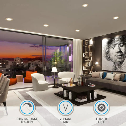 Slick Six Inch Slim Recessed LED Downlight Kit Pack Of Six illuminated modern living room with dimmable lighting, 120V voltage.