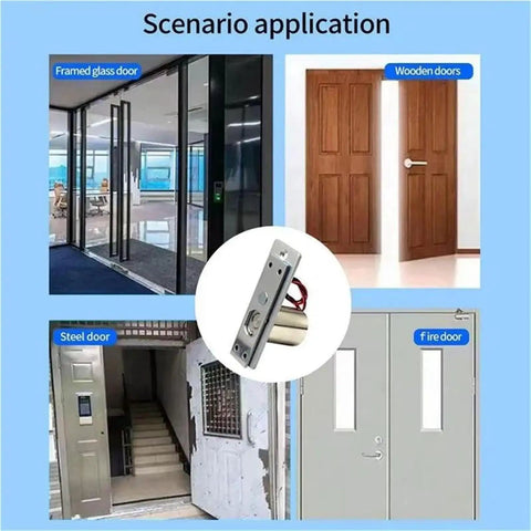 Heavy Duty Electronic Drop Bolt NC Door Lock DC 12V Beefy Stainless Steel Solenoid Lock installed in framed glass, wood, steel, and fire doors.