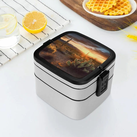 Desert Sunset Cactus Bento Box with Stackable Design and Portable Handle Double Layer Lunch Box that is Leak Proof and Lightweight