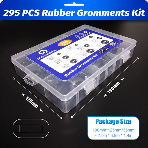 Plastic case of the 295 Piece Rubber Grommet Kit For Wiring Nine Size Set From Nine Thirty Second Inch To One Inch displayed with dimensions.
