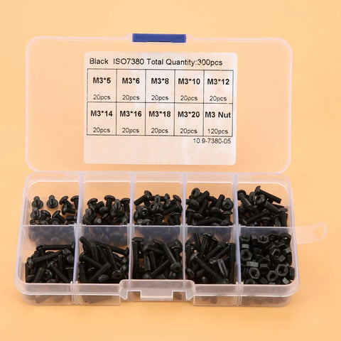 M3 Button Head Hex Socket Screws And Nuts Set All In One Kit Grade 10.9 Black Oxide Finish 300-Piece Assortment in box