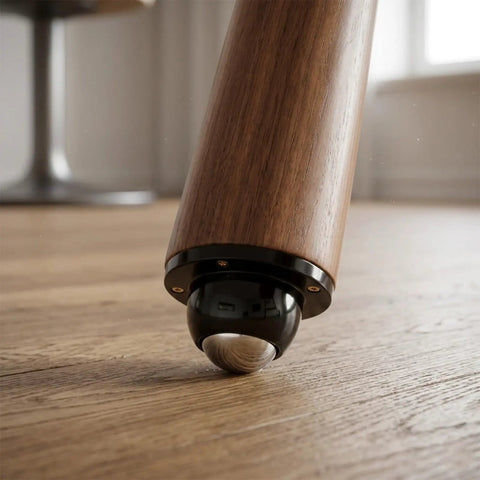 Premium Self Adhesive Caster Wheels For Furniture Legs Featuring A Rock Solid 360 Degree Low Profile Swivel Design Made From Heavy Duty Abs And Brushed Stainless Steel In Matte Black on a wood floor.