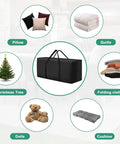 Extra Large 68 Inch Outdoor Cushion Storage Bag For Patio Furniture All Weather Waterproof With Zipper And Handles Fits Cushions Up To 68 Inches Long, 29 Inches High, 20 Inches Wide Black with illustrations of stored items like pillows and quilts