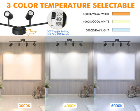 Three color temperature modes of Four Head LED Track Light Kit 30W Dimmable With 2400lm CRI90 3000K 4000K 5000K Selectable.