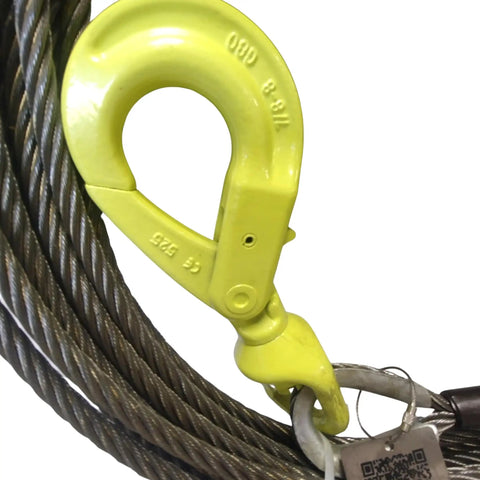 Close-up of three eighths inch by seventy five foot fiber core winch cable with self locking swivel hook for heavy duty tow