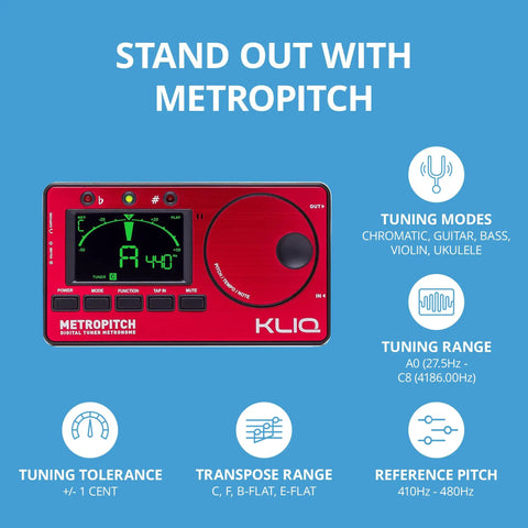 Digital Metronome and Tuner 3 In 1 for Practice Smarter Tone Generator and Tempo Tool in compact red unit with tuning details.