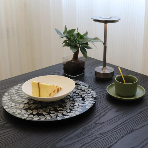 Hecka Smooth 13.4 Inch Round Lazy Susan Countertop Turnable Tray Featuring Mother Of Pearl Center And Black Wicker Boho Pattern with cake slice.